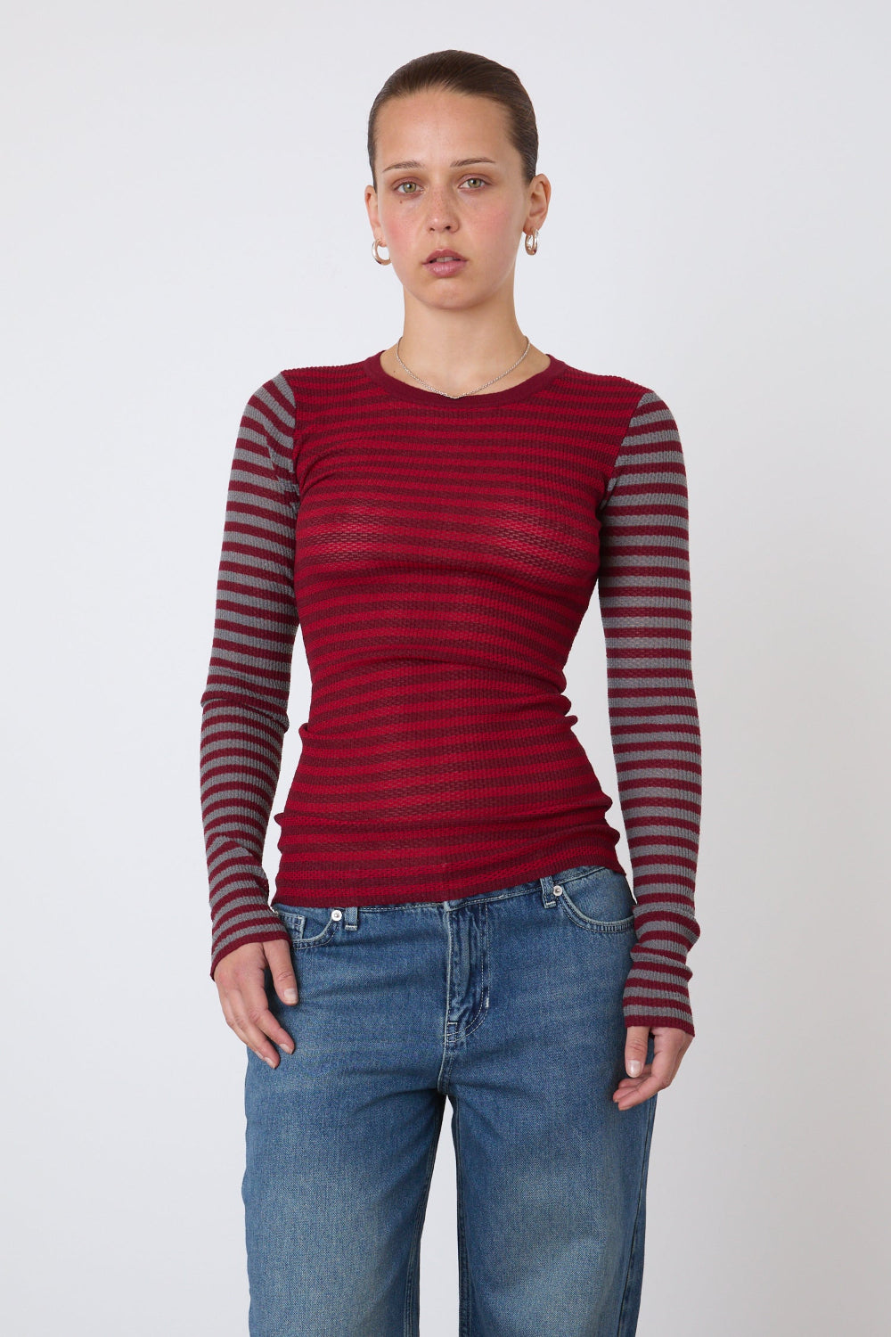 The Elise Stripe Long Sleeve Top, Burgundy Stripe