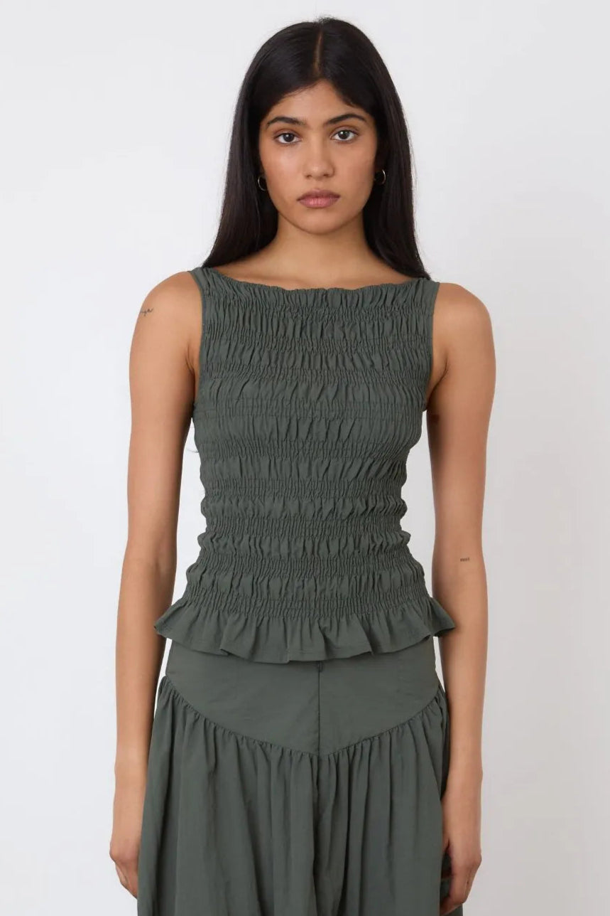 Peachy Den Womens Slate Green Deba Shirred Woven Top S Peachy Den Womens Slate Green Deba Shirred Woven Top S