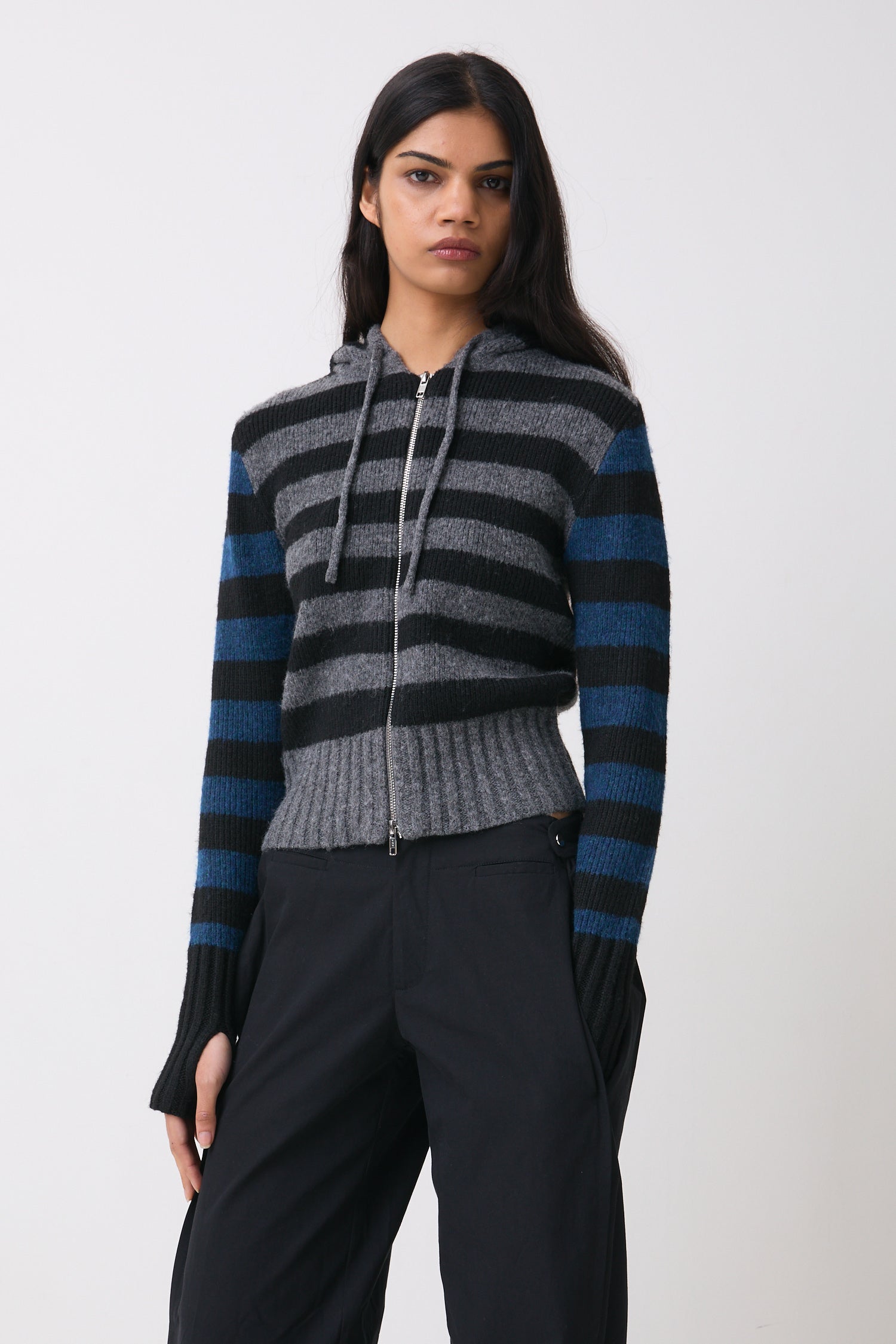 The Anita Knitted Hoodie, Teal Stripe