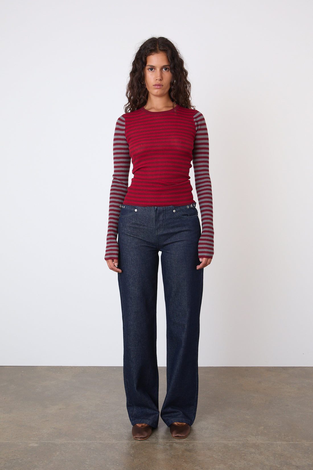 The Elise Stripe Long Sleeve Top, Burgundy Stripe