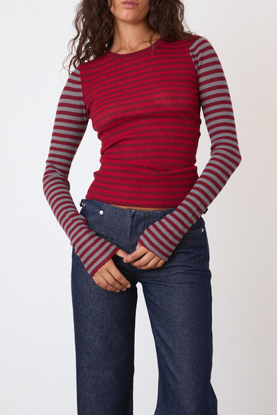 トップス pheeny 2025Velvet border L/S - burgundy Elise Stripe Long Sleeve Top, Burgundy Stripe – Peachy Den